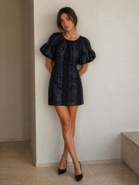 Christopher Deane XS Black Textured Puff Sleeve Mini Dress Quiet Luxury Cocktail